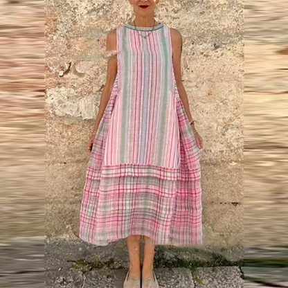 Vintage Striped Sleeveless Vacation A line Dresses Women's Elegant Printing Loose Fashionable Pullover Beach Dress For Women New