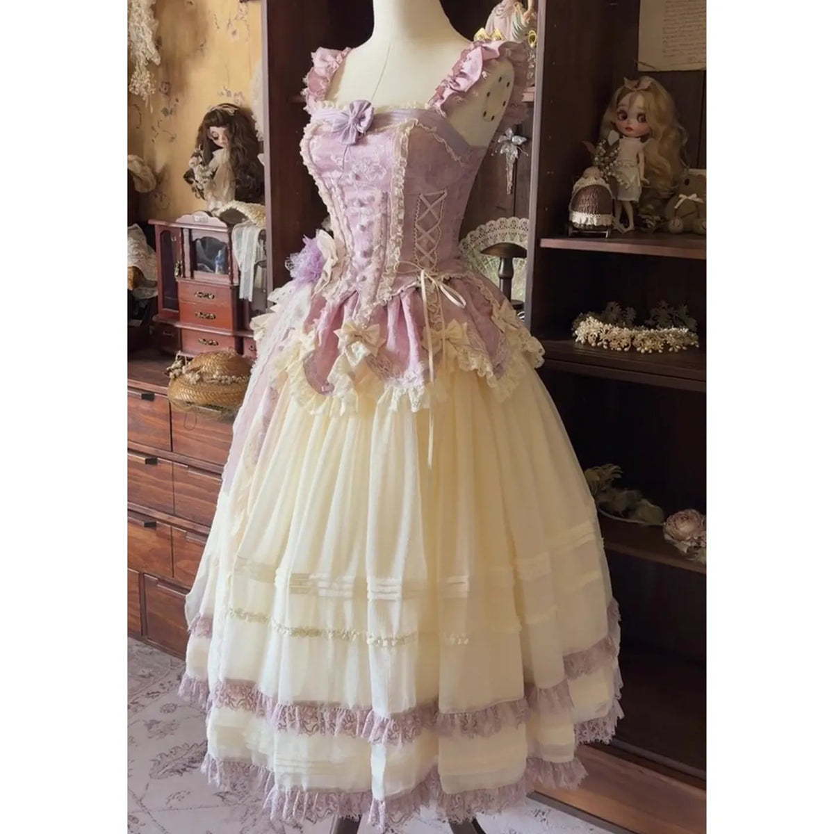 Japanese Vintage Style Women's Purple Beige Blue Bow Slim Long Dress Coming-of-age Birthday Banquet Host Evening Dress