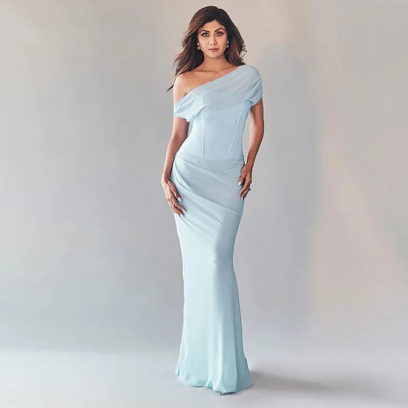 One Shoulder Draped Cowl Corset Waist Satin Column Maxi Gown