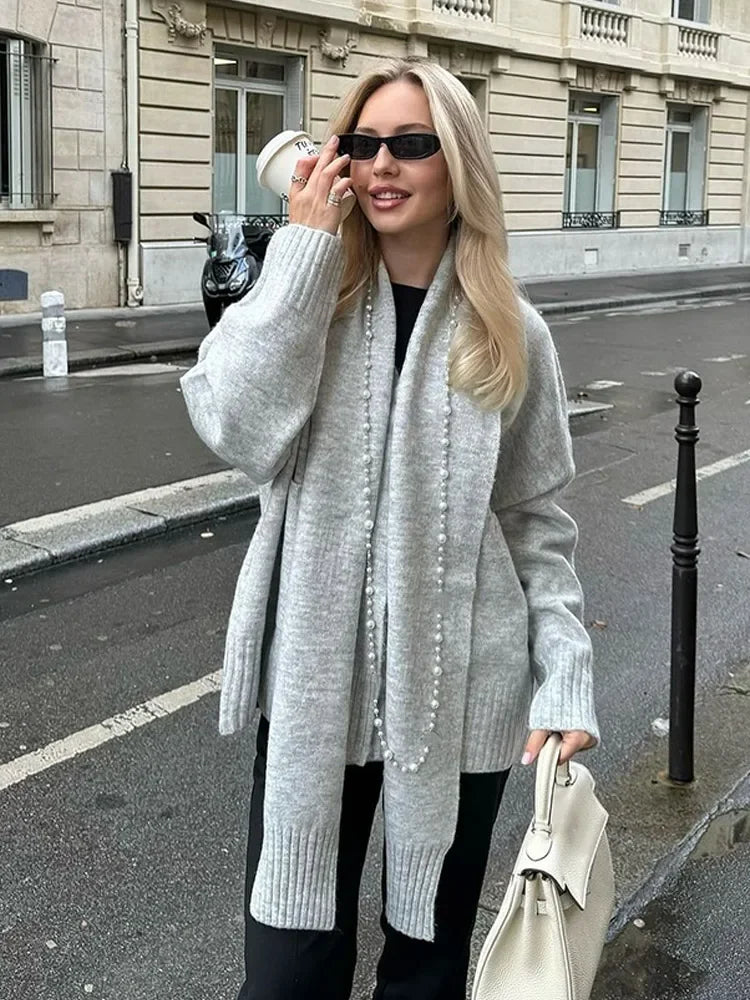 Elegant Solid Scarf Collar Knitted Cardigan Women Chic Full Sleeve With Pocket Loose Sweater New Autumn Lady Casual Street Wear