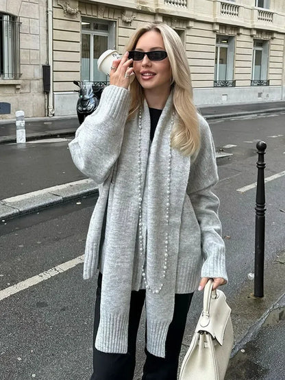 Elegant Solid Scarf Collar Knitted Cardigan Women Chic Full Sleeve With Pocket Loose Sweater New Autumn Lady Casual Street Wear