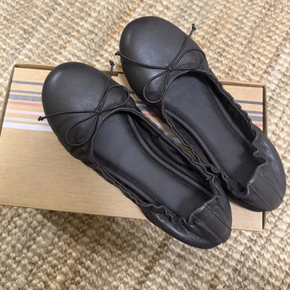 Women's Soft Leather Bow Ballet Flats Ruched Opening Round Toe Slip-on Flat Shoes Comfy Ladies Office Daily Walking Footwear