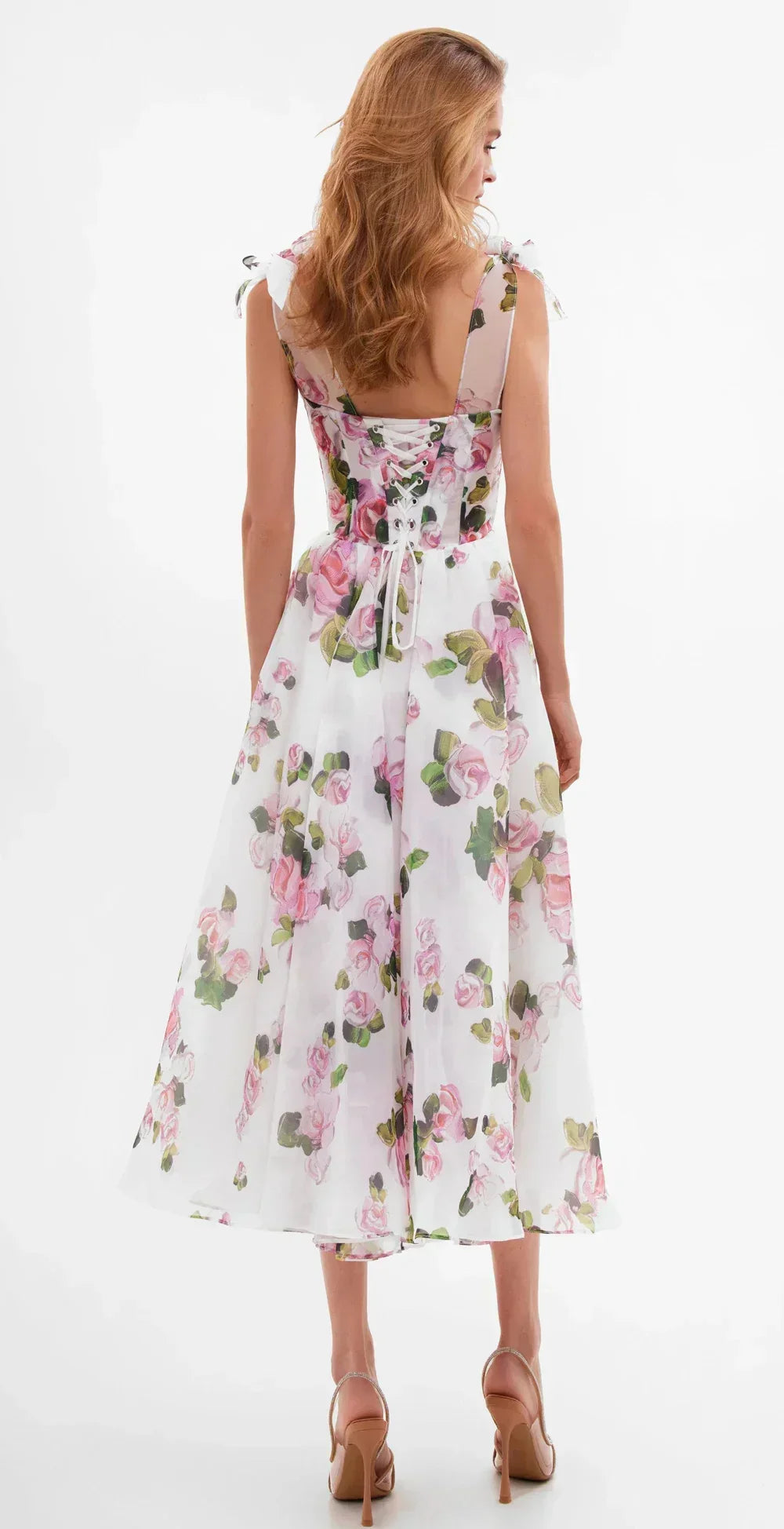 Floral Print Bow Shoulder Strap Sweetheart Corset Bodice Midi Dress