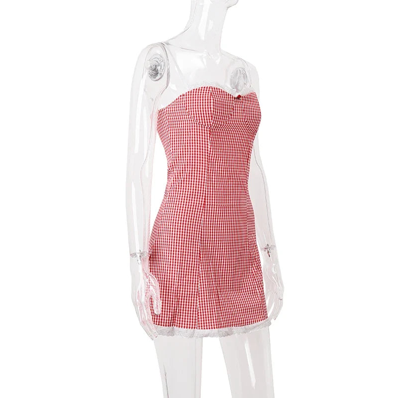 Women's Red Plaid Dress Vintage Sleeveless Off Shoulder Mini Dresses Y2k Elegant One Piece Frocks 2000s Coquette Clothes Summer