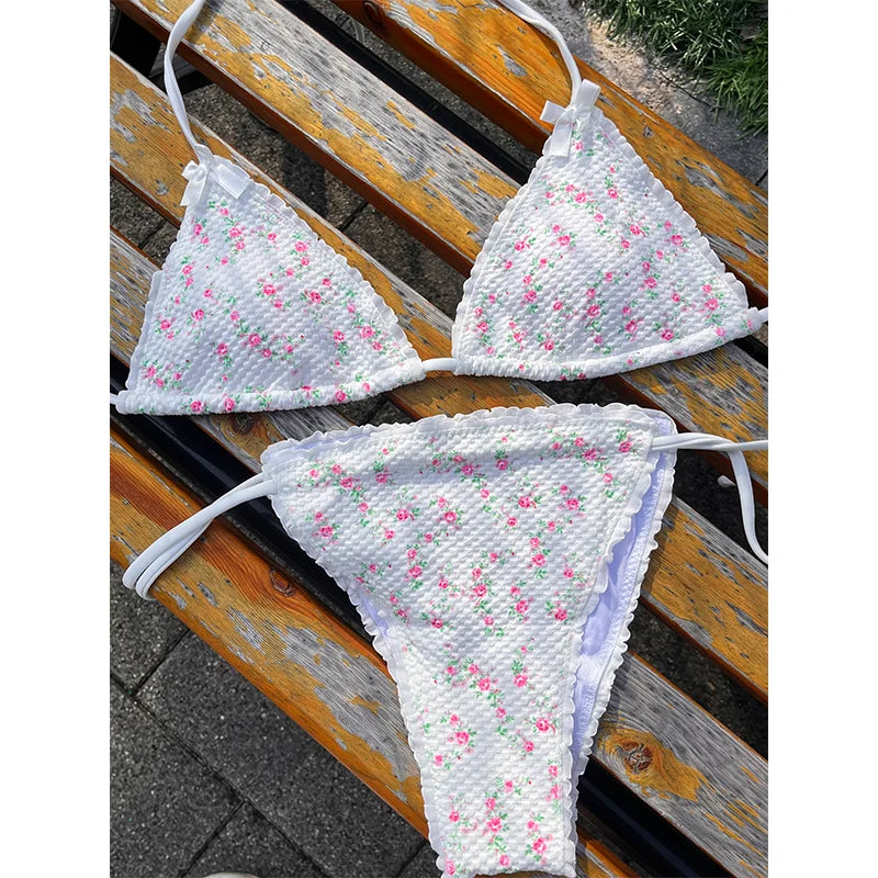 Bandage Bikini Sets Halter Swimwear Sexy Swimsuit Women Bow Bikinis Low Waist Bathing Suits Print Biquini Triangle Beachwear