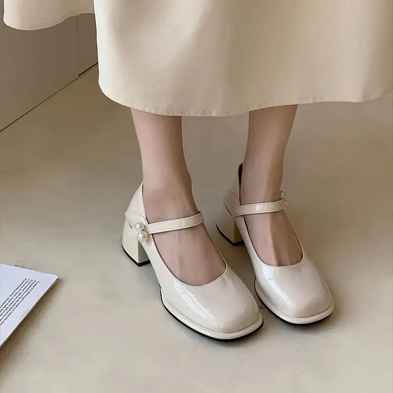 Pearl Square Toe Beige Women's Shoes Mary Jane With Medium Heels Chunky Luxury Leather Casual Japanese Style Lolita Gothic E 39