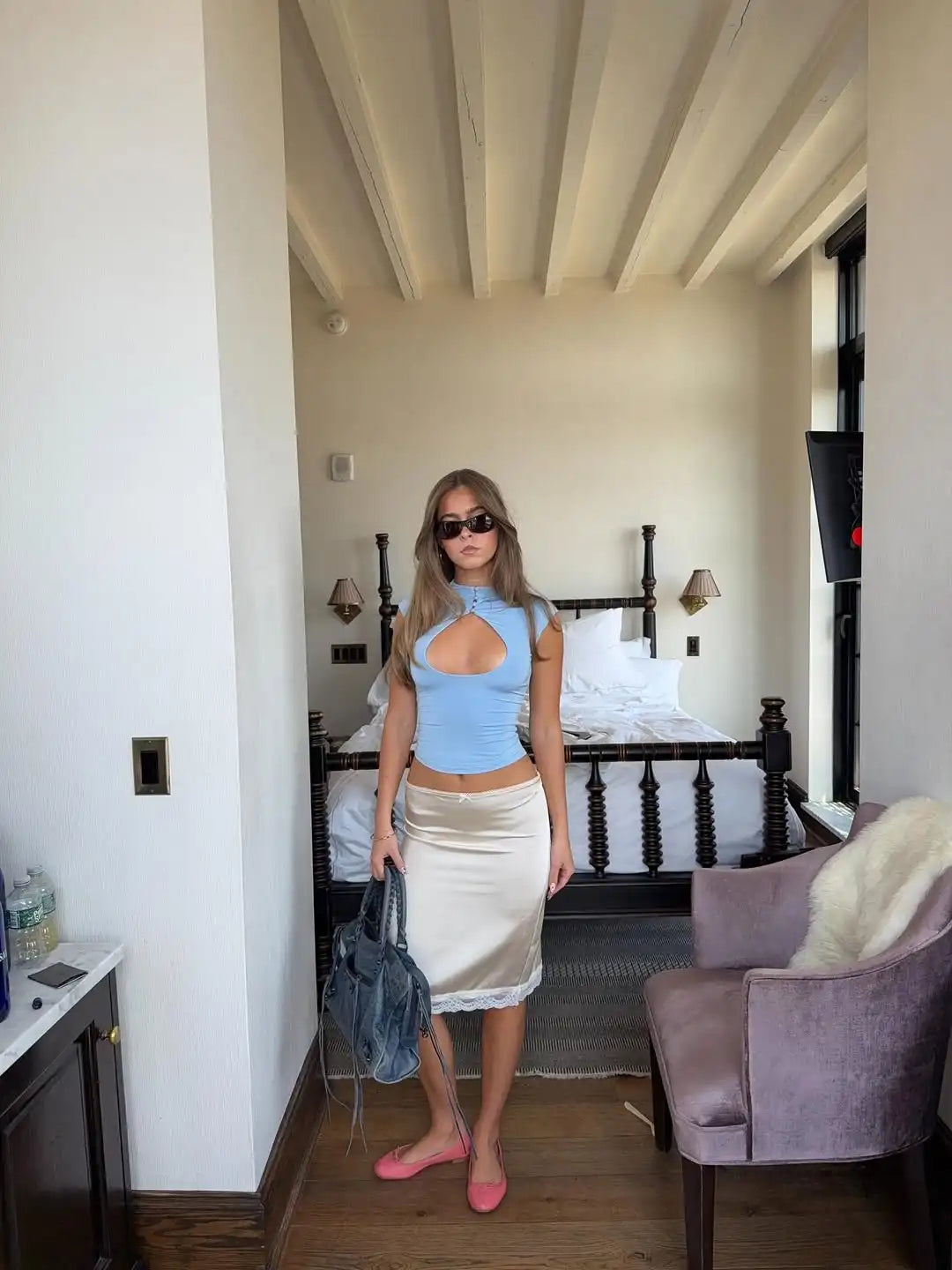 Sexy Blue Chest Cut Out Short Sleeved Top Slim Fitting Half High Collar Button Cropped T-shirt Women's Daily Street Outfits