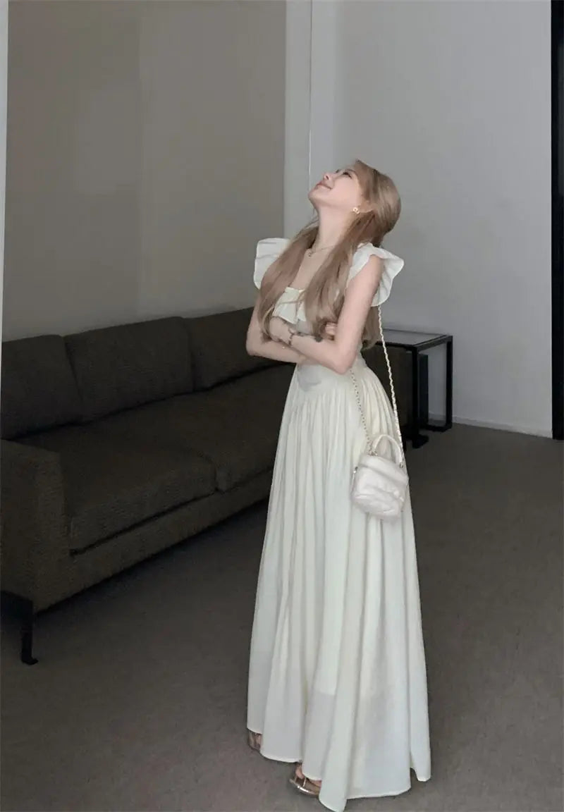 Sweet Gentle Square Neck Dress Summer New Temperament Waist-sharp Mid-length Dress