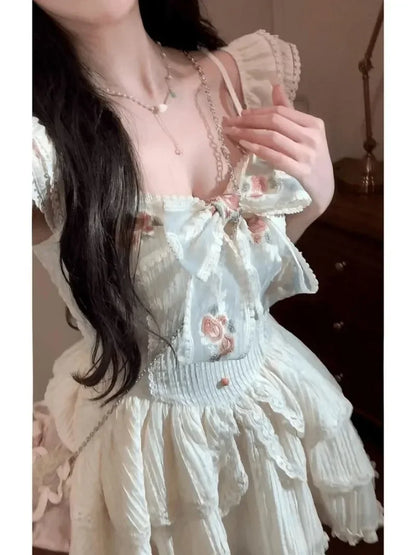 Summer Sweet Fairy Dress For Women Elegant Lolita Bow Ruffles Princess Dresses Girl Sleeveless Birthday Party Mini Dress