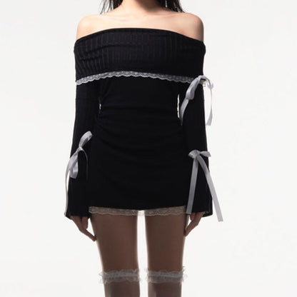 Black Long Sleeve Charming Off-shoulder Bow Mini Dress