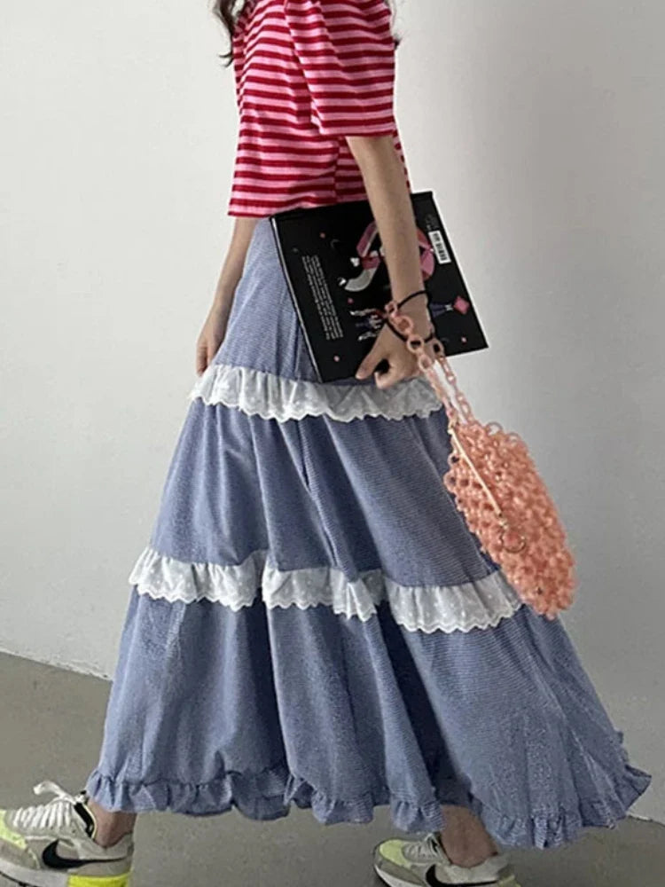 Ruffle Midi Long Skirts Womens Maxi Skirt Goth Lolita Summer Elastic Waist High Low Splice Lace Plaid Skirt rok