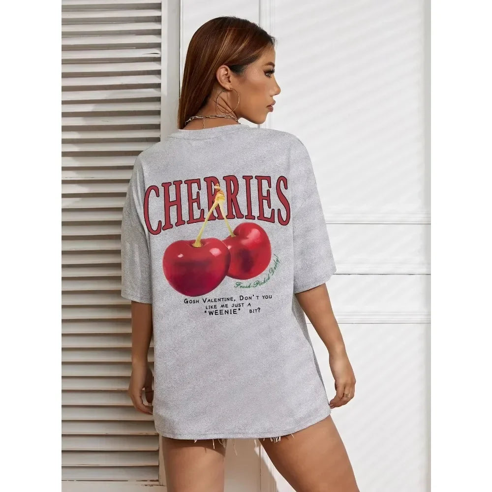 Cherry Print Loose Cotton T-shirt