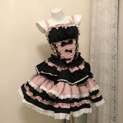 New Lolita Japanese Maid Suit Suspender Lace Bow Upper and Lower Suit Two-dimensional Sweet Cute Cos Comic Show Cake Skirt