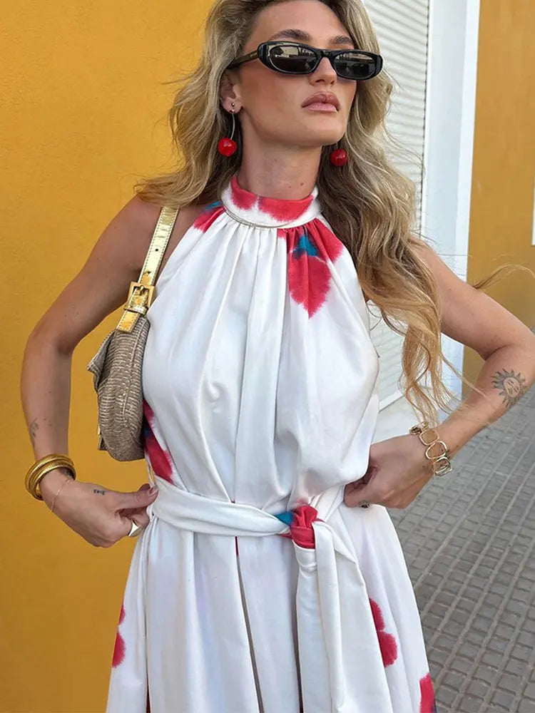 Women Elegant Tie Dye Sleeveless Pleat Long Dresses Fashion Floral Print Patchwork Contrasting Maxi Dress Lady Holiday Robe