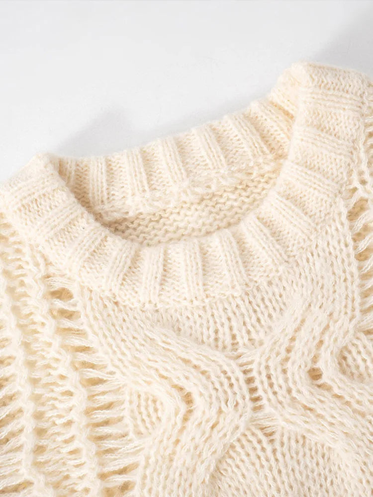 Twist Hollow Out Knit Sweater Women Chic O-neck Long Sleeve Loose Tassels Pullover Female 2025 Spring Solid Jumper Top Sweaters
