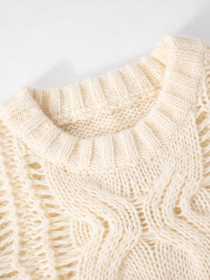 Twist Hollow Out Knit Sweater Women Chic O-neck Long Sleeve Loose Tassels Pullover Female 2025 Spring Solid Jumper Top Sweaters