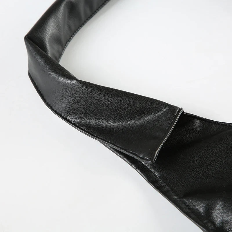 Gothic Halter V-neck Faux Leather Vest Y2K Backless Zipper Black Slim Crop Top Punk Style Women Sexy Tank Camis 90s