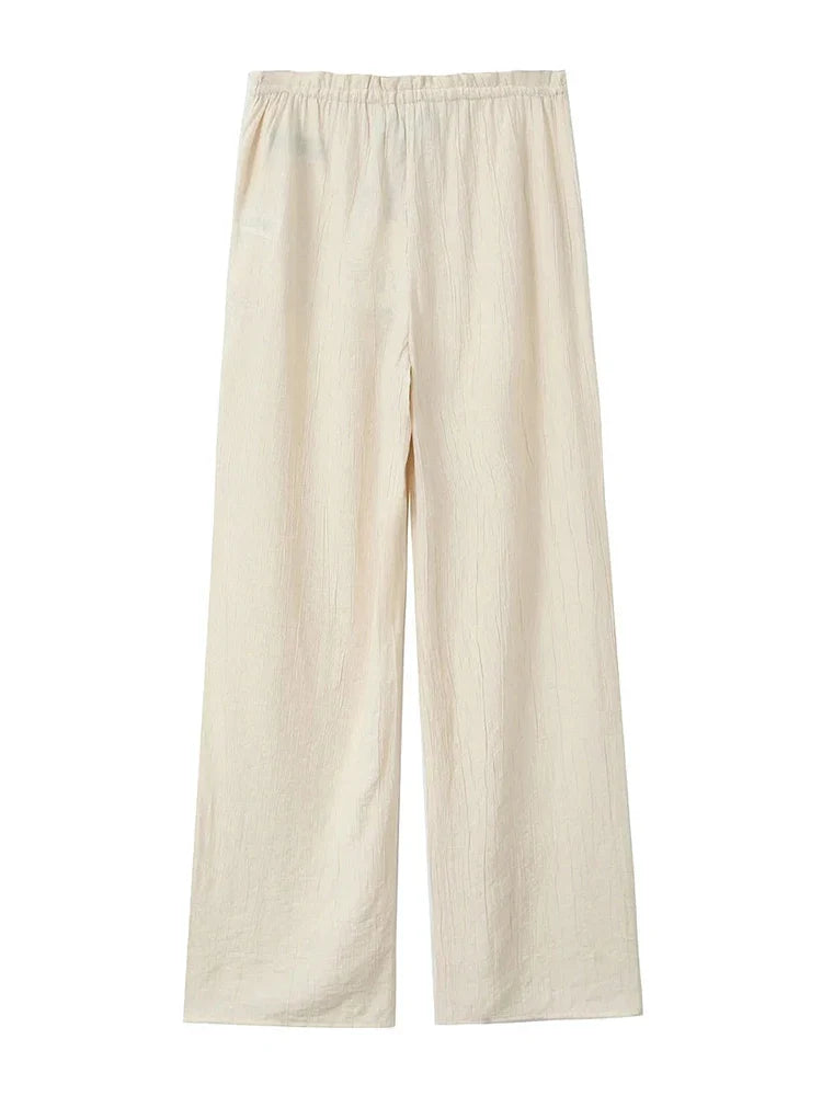 Drawstring Elastic Waist Wide Leg Summer Women Pants Beige Casual Loose Female Long Pantalones 2025 5 Colors Pants