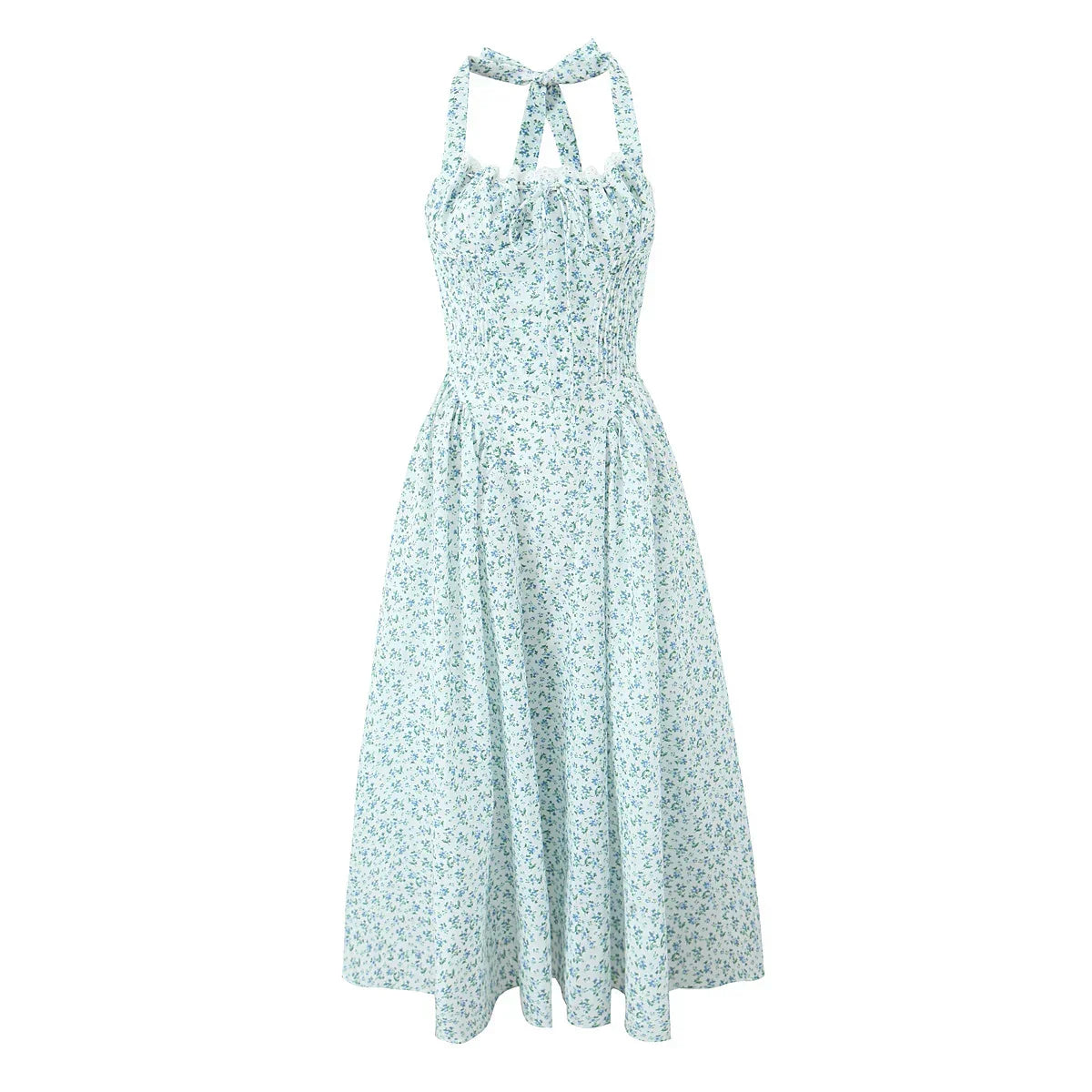 Halter Sweetheart Ruffle Trim Ditsy Floral Fit and Flare Midi Dress