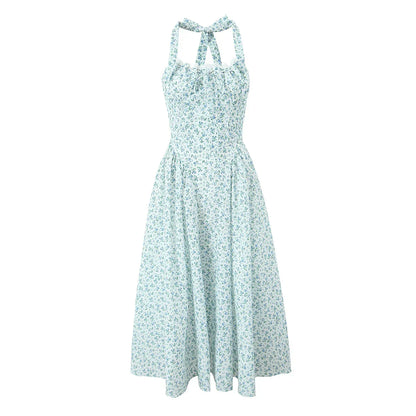 Halter Sweetheart Ruffle Trim Ditsy Floral Fit and Flare Midi Dress