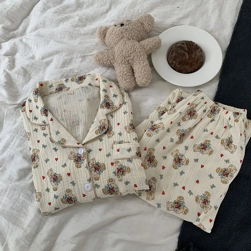 Cotton Comfort Sleepwear Casual Women Pajamas Spring Summer Cherry Print Cute Lapel Button Shirts And Pant Two Piece Sets