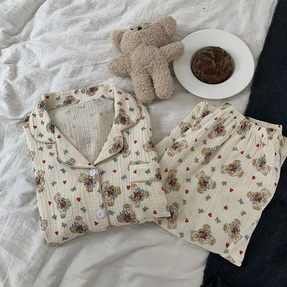 Cotton Comfort Sleepwear Casual Women Pajamas Spring Summer Cherry Print Cute Lapel Button Shirts And Pant Two Piece Sets
