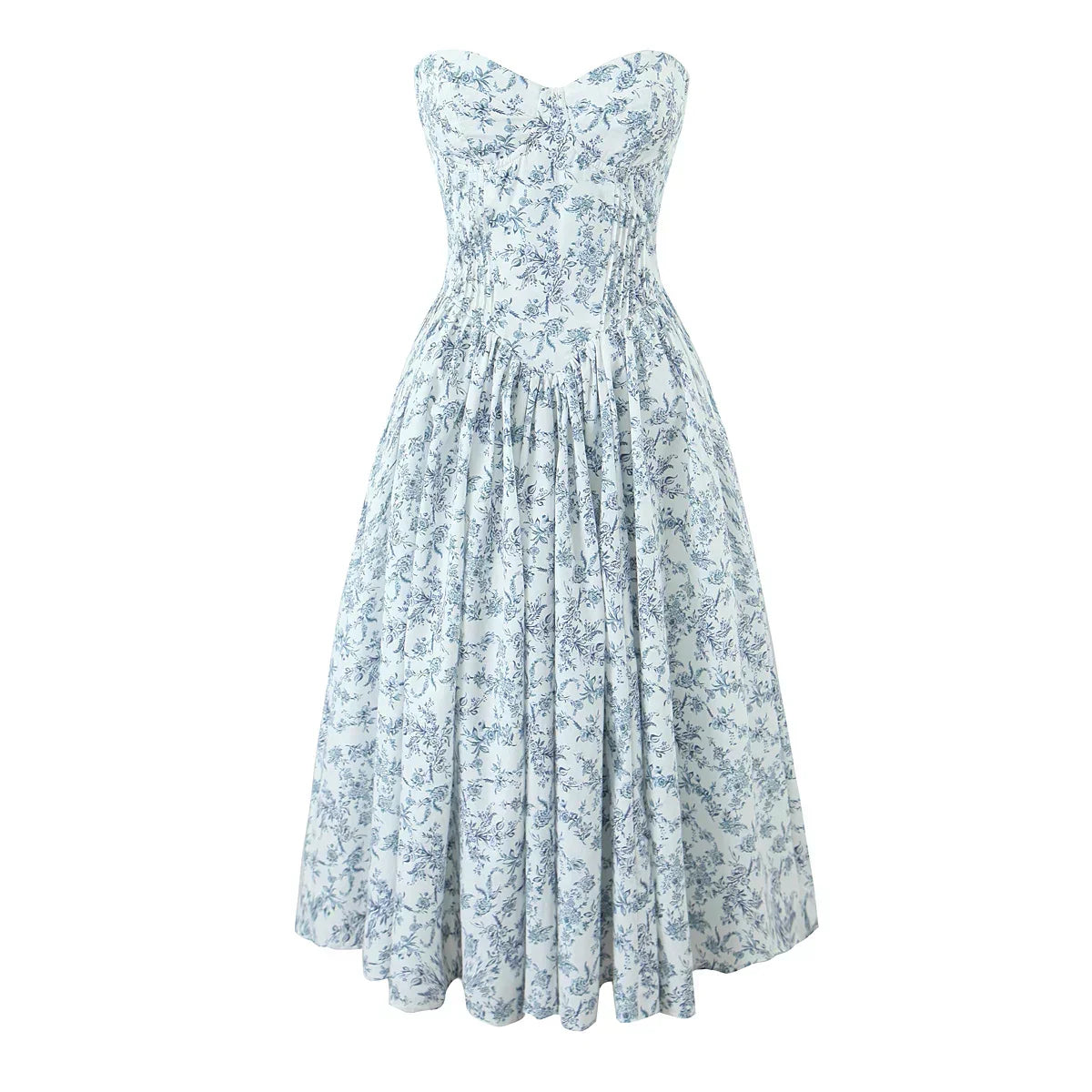 Strapless Sweetheart Corset Bodice Floral Toile Pleated Pocket Midi Dress