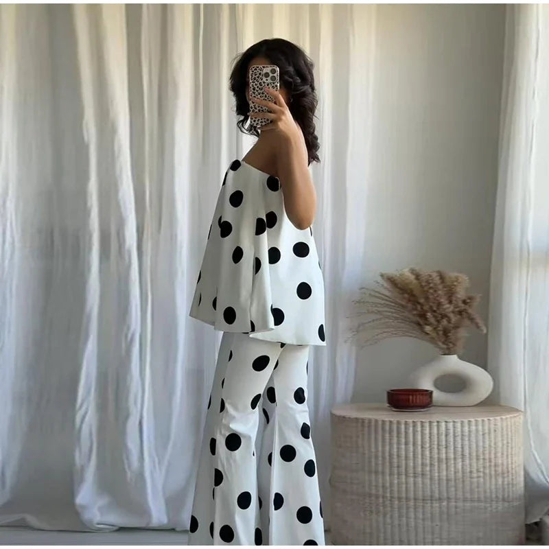 Sexy Polka Dot Women's Top Pants Sets Off Shoulder Backless Tube Top High Waist Straight Pant Female Suit Summer Lady Outfits