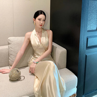 Acetate Satin Off-Shoulder Backless Long Dress Sexy Slim-Fit Gown for Birthday Party Lightweight Evening Dress