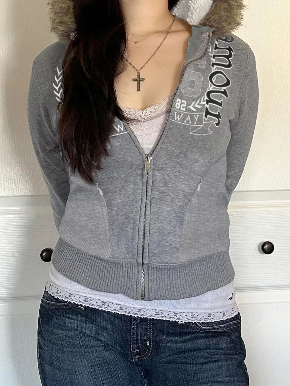 Preppy Style Fur Trim Hooded Sweatshirt Coats Winter Casual Warm Thick Zipper Long Sleeve Hoodies Women Streetwear