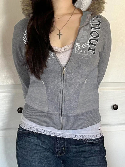 Preppy Style Fur Trim Hooded Sweatshirt Coats Winter Casual Warm Thick Zipper Long Sleeve Hoodies Women Streetwear