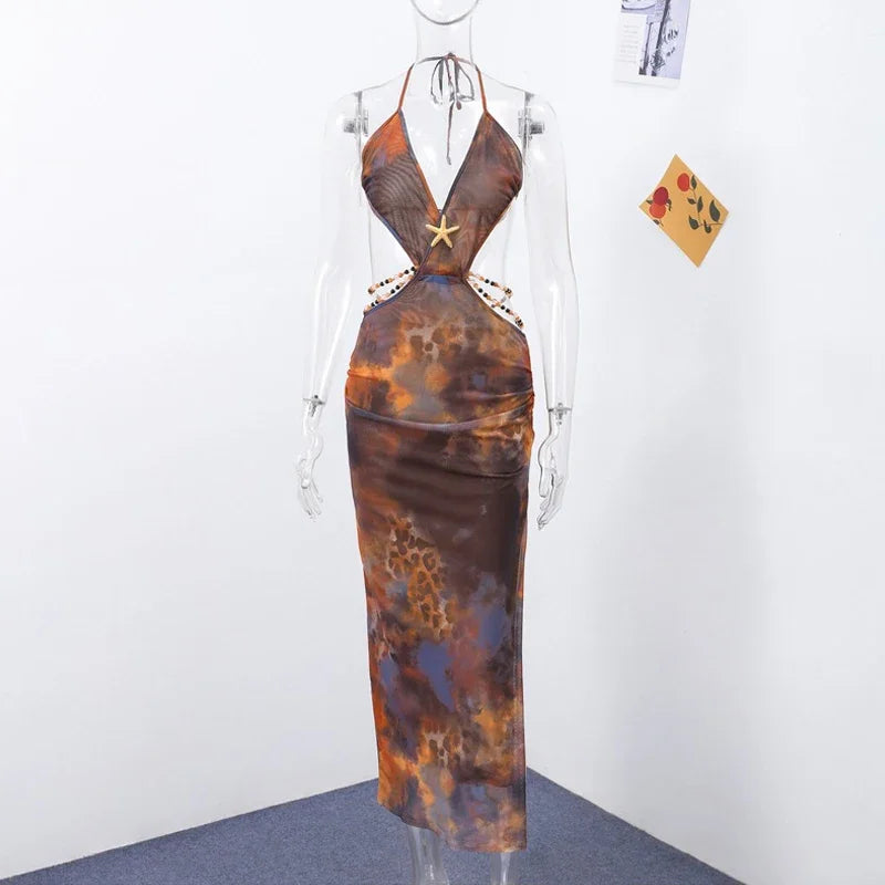 Sexy Beaded Print Long Dress Women Hollow Out Halter Backless Sleeveless Lace Up Holiday Dresses 2025 Summer Lady Chic Slim Robe