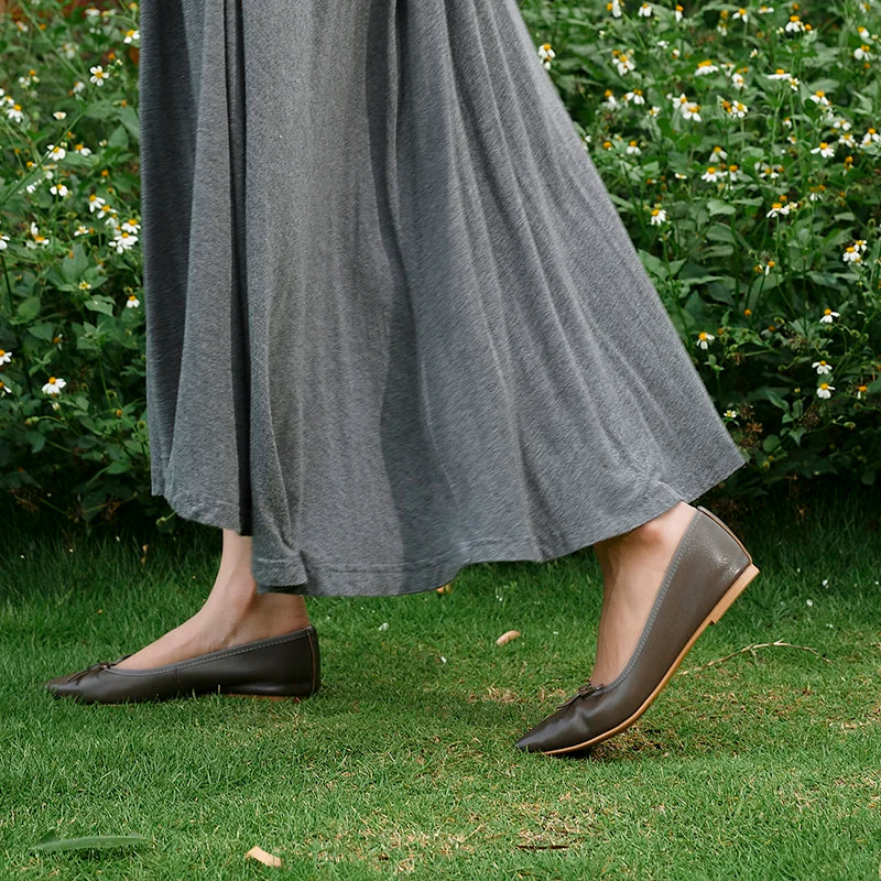 Women Flats French Style Sheepskin Ballets Woman Simple Shoe Spring Autumn Retro Pumps Flat Heel Square Toe Bowtie Footwear