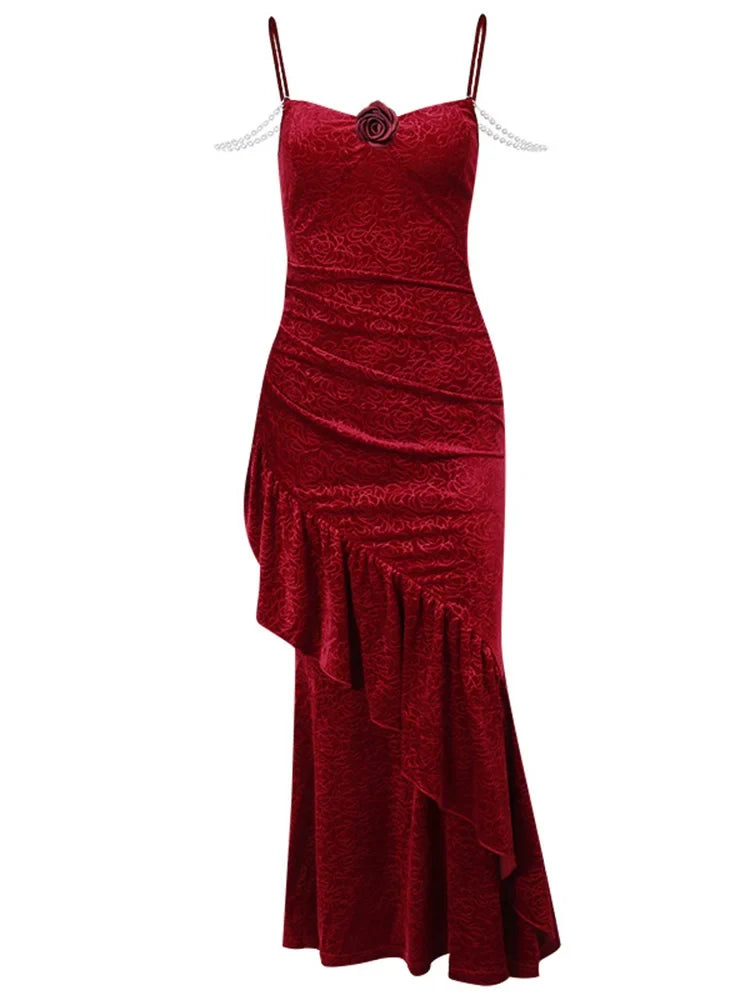 New Retro Elegant Women Spaghetti Strap Sexy Prom Dress Strapless Bodycon Slim Red Dinner Party Long Dresses Female Summer