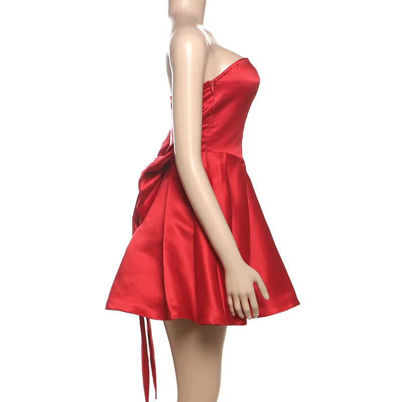 Sexy Red Bow Backless Hollow Out Mini Dress Turtleneck Short Sleeve Pad Shoulder Dresses Evening High Street Party Vestidos