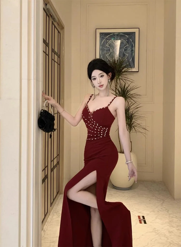 Dresses Women Sleeveless Sexy Split Slim Slash Neck Backless Rhinestone Elegant Temperament Party Dress Female Fashion