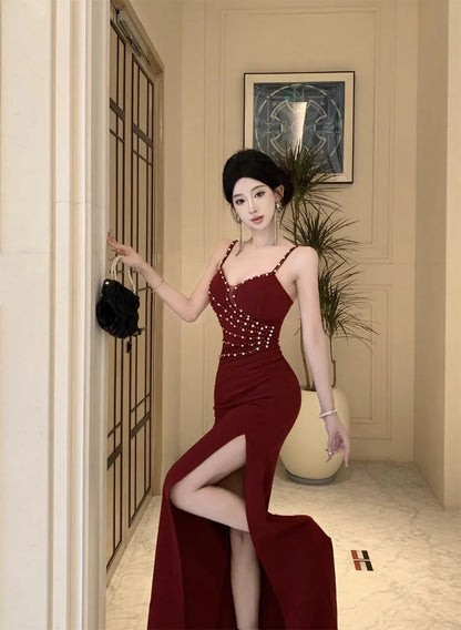 Dresses Women Sleeveless Sexy Split Slim Slash Neck Backless Rhinestone Elegant Temperament Party Dress Female Fashion
