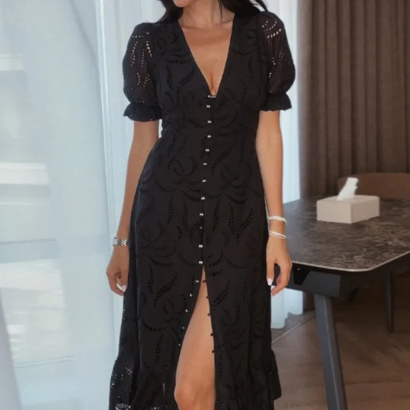 Elegant Sexy Embroidery Long Dress Women V Neck Single Breasted Short Sleeves Vestidos Female 2025 Summer Chic Soft Solid Robe