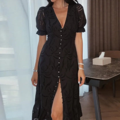 Elegant Sexy Embroidery Long Dress Women V Neck Single Breasted Short Sleeves Vestidos Female 2025 Summer Chic Soft Solid Robe