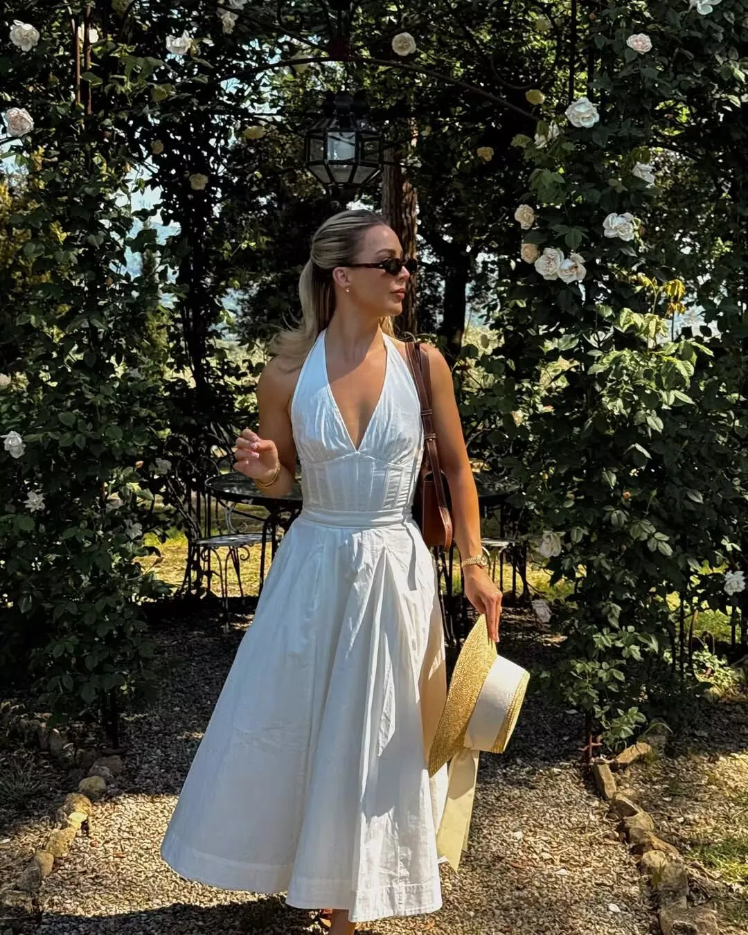Sexy Deep V Halter Floral Print Dress Women Sleeveless Summer A-line Midi Long Dress Holiday Robe Backless Vestidos