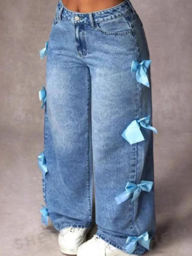Women Casual Bowknot Decor Jeans Y2k Blue Baggy Denim Trousers Loose Straight Sweet Coquette Aesthetic Washed Jeans