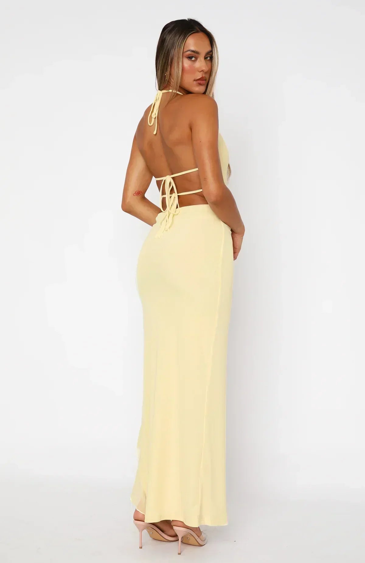 Halter Keyhole Tie Front Ruffle Slit Maxi Dress
