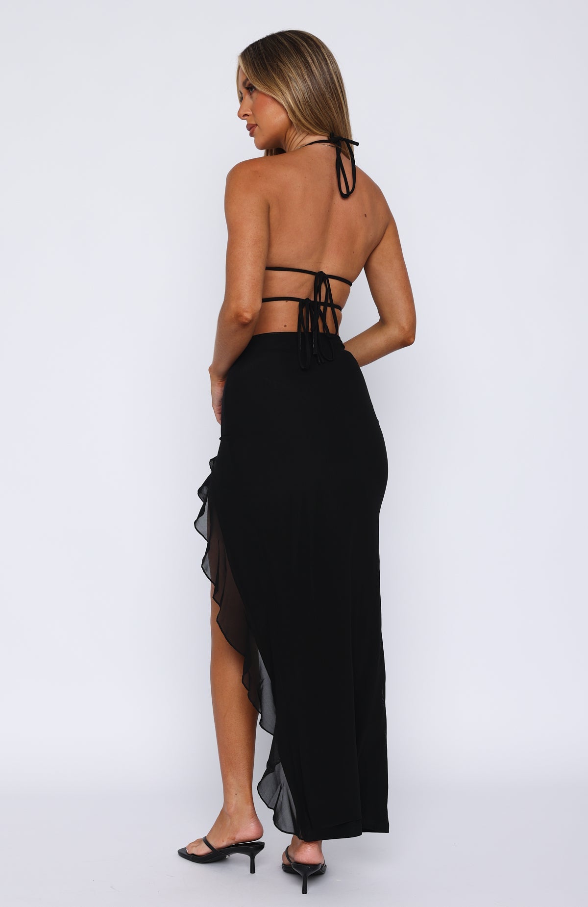 Halter Keyhole Tie Front Ruffle Slit Maxi Dress