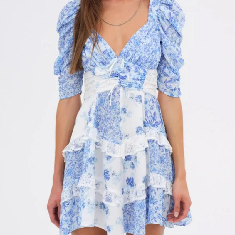 Summer Women Blue Floral Print A-line Mini Dresses Sexy Backless V Neck Lace Spliced Boho Dresses Female Holiday Robe New 2025
