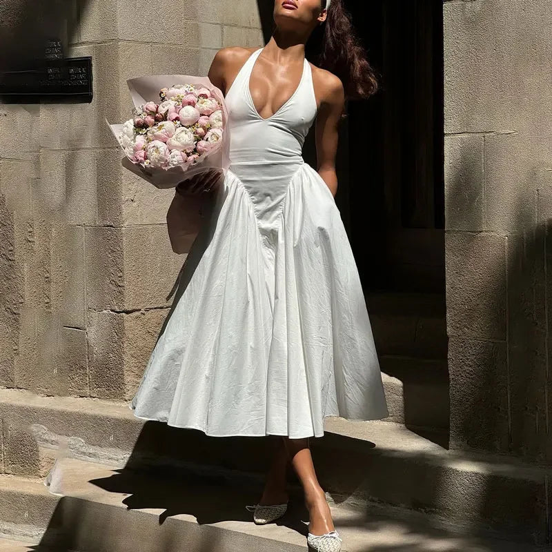 Sexy Deep V Hollow Halterneck Large Hem Dress For Women Solid High Waisted Backless Splice Summer New Vacation Long Dress