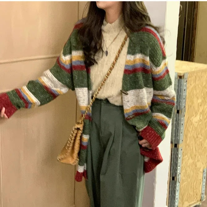 Striped Sweater Jacket Autumn New Style Loose Slimming Contrasting Long Sleeved Knitted Sweater