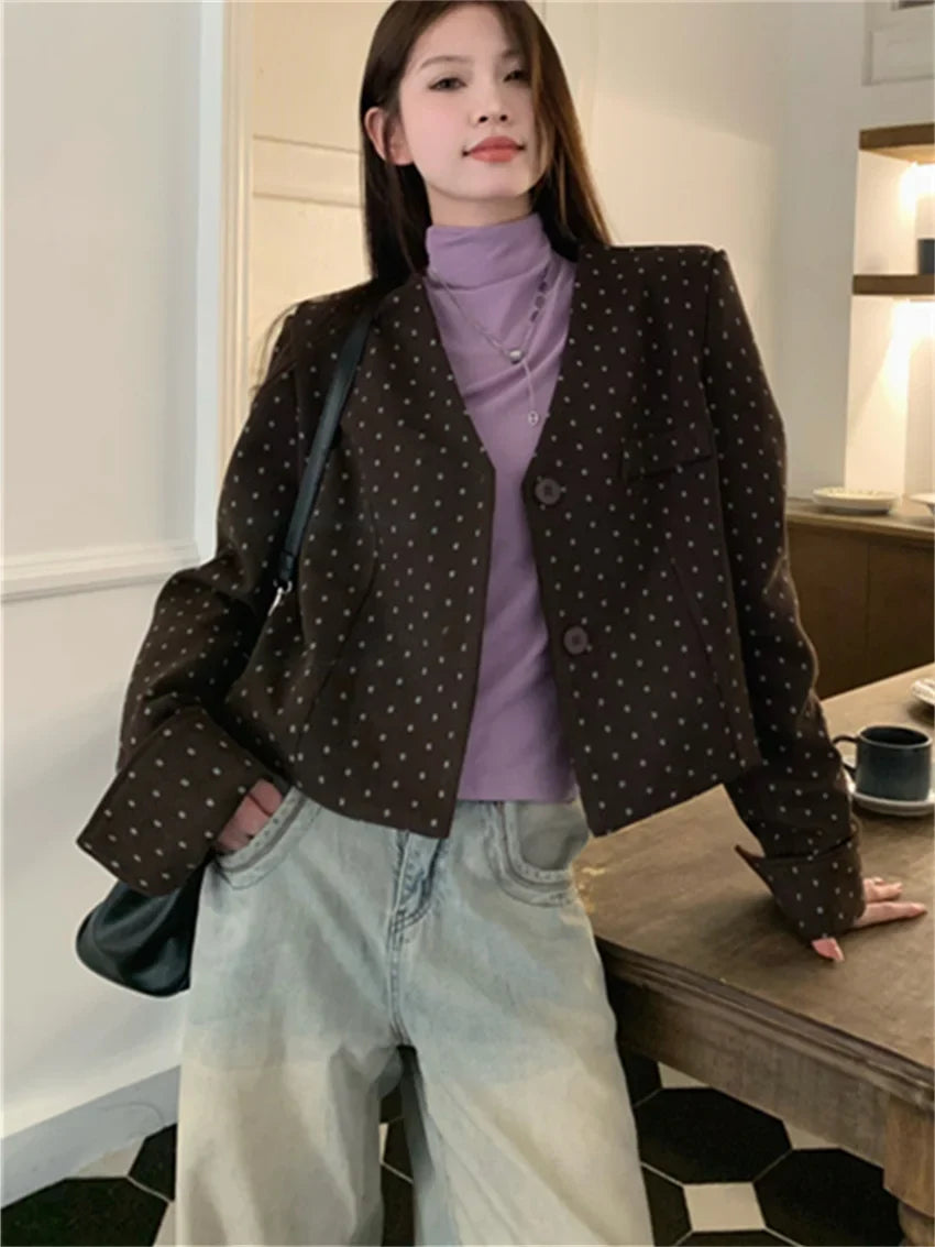 Office Lady Coats New Woolen Chic Elegant Women Autumn Polka Dots Slim High Street Casual Work Wear V-Neck