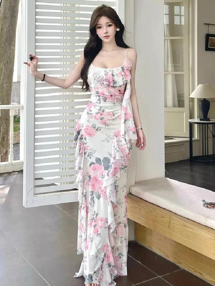 Women Dresses Sleeveless Slash Neck Gradient Floral Printed Mesh Patchwork Slim Vintage Elegant Party Dress Ladies