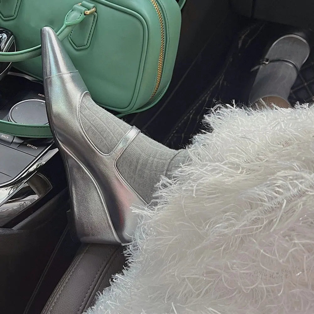 Design Summer Vintage Wedges Heels Black Mary Jane Shoes Women Spring Silver Elegant Pointy Toe Pumps High Quality