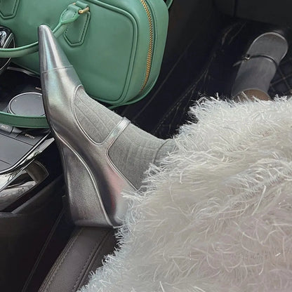 Design Summer Vintage Wedges Heels Black Mary Jane Shoes Women Spring Silver Elegant Pointy Toe Pumps High Quality